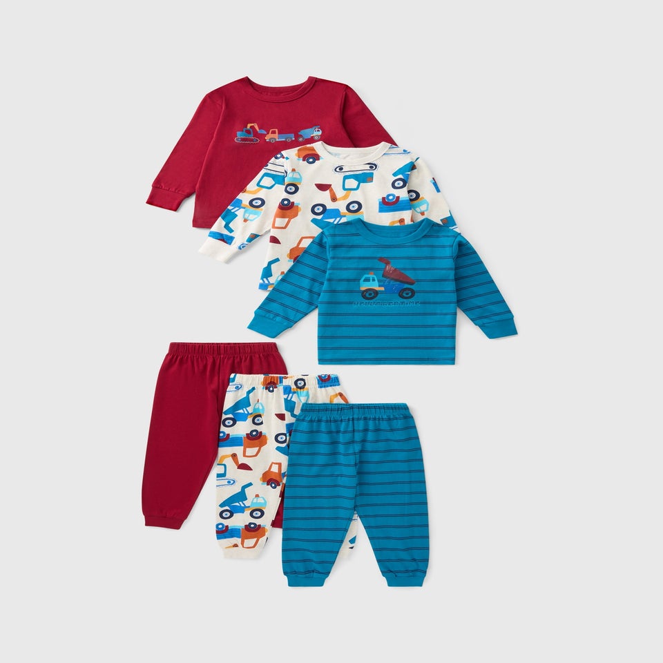 3 Pack Boys Red Transport Print Pyjama Set (1-7yrs)