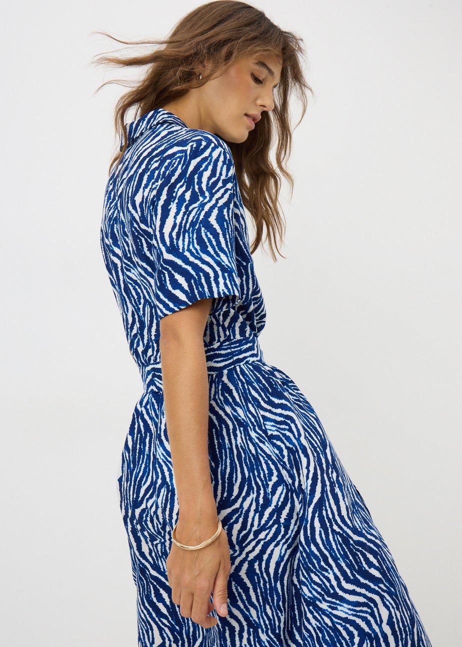 Blue Zebra Print Midi Shirt Dress