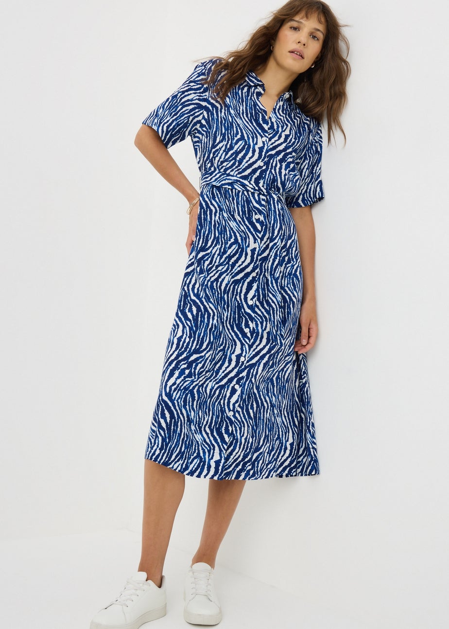 Blue Zebra Print Midi Shirt Dress