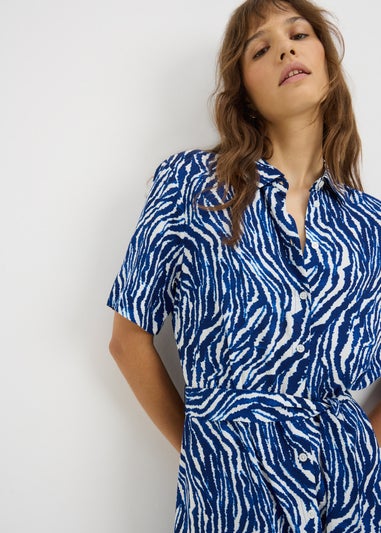 Blue Zebra Print Midi Shirt Dress