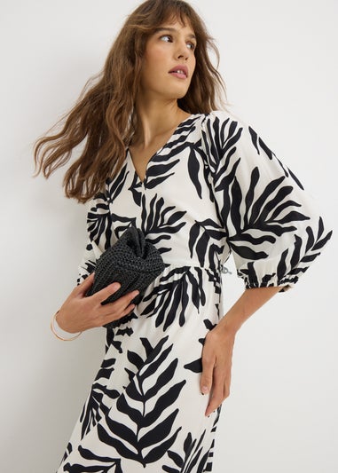 Black Leaf Volume Sleeve Midi Dress
