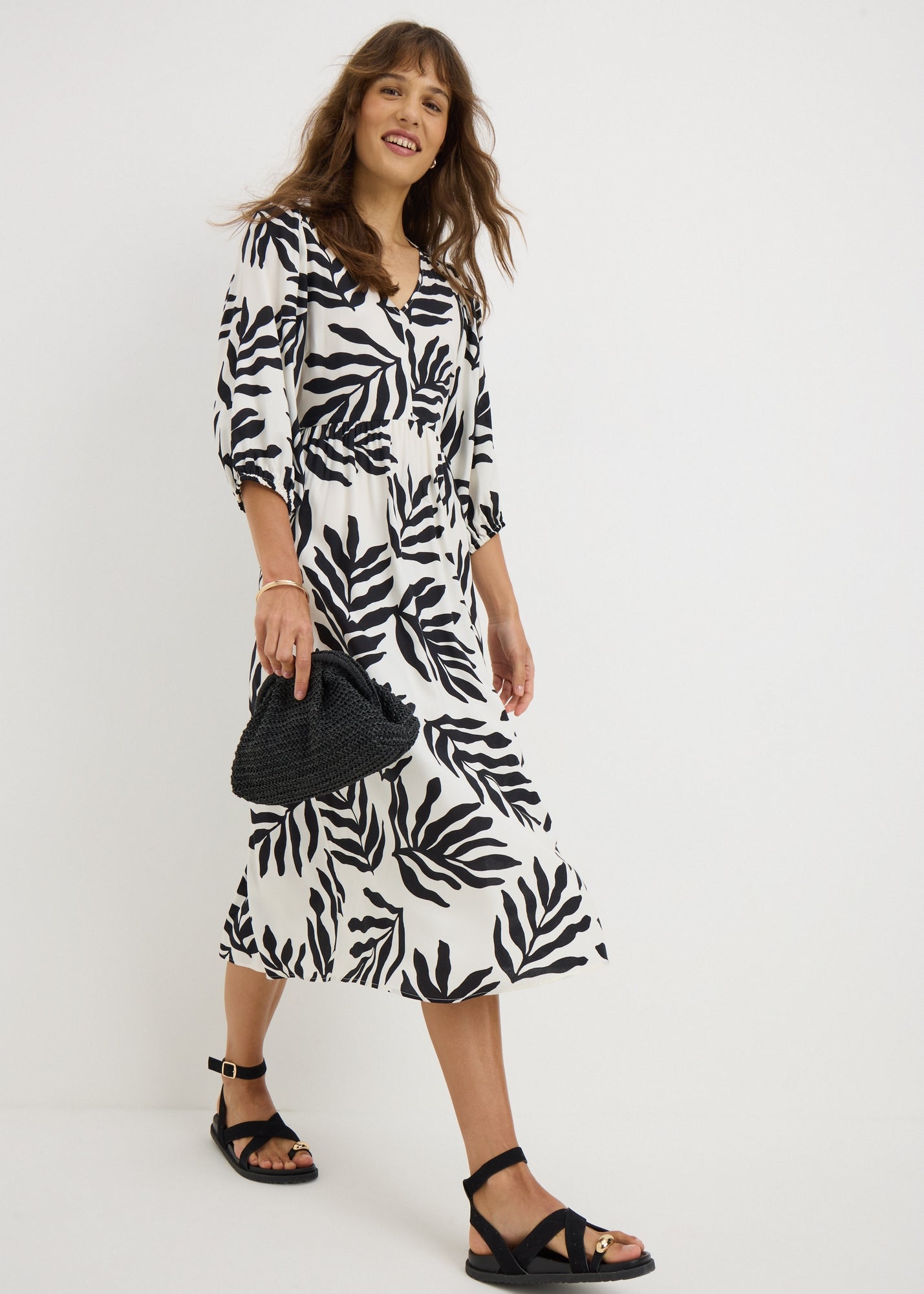 Black Leaf Volume Sleeve Midi Dress - Matalan