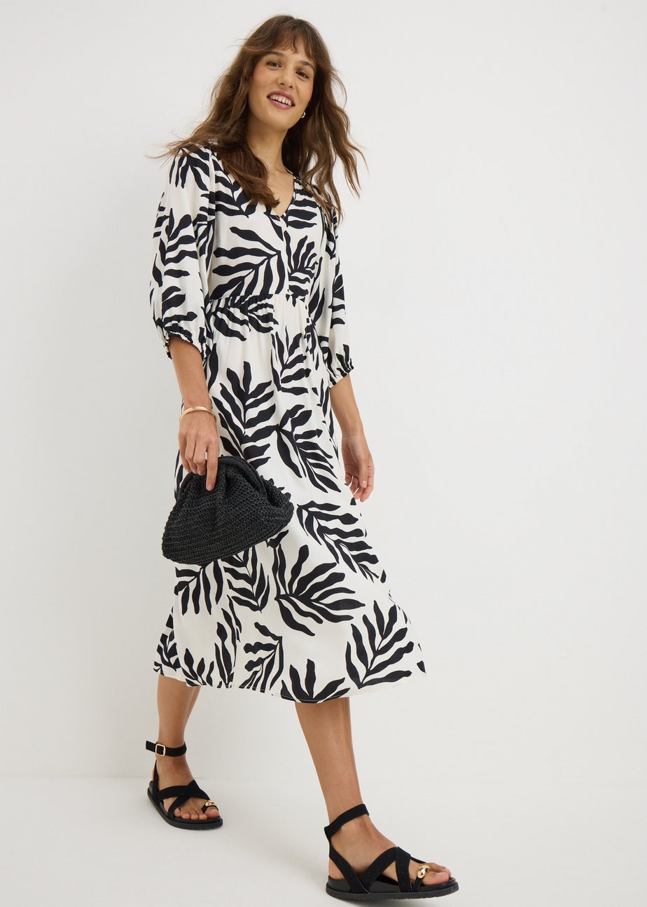 Black Leaf Volume Sleeve Midi Dress