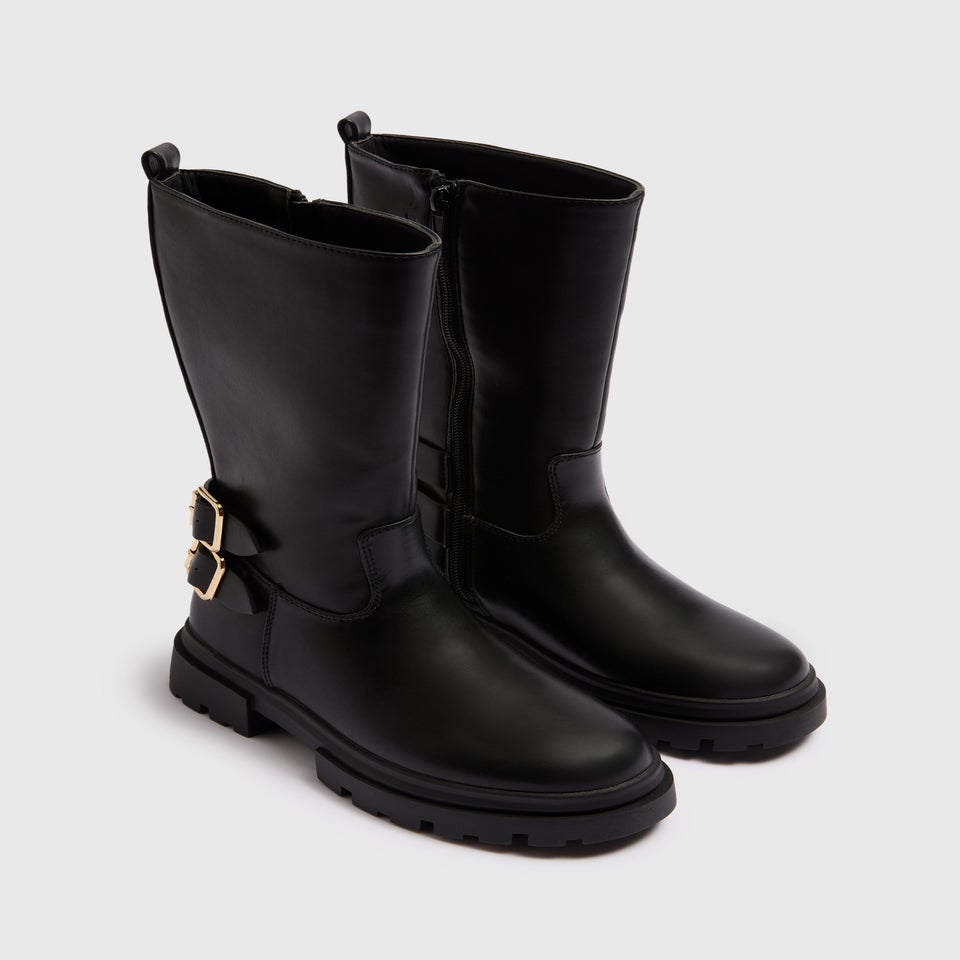 Girls Black Buckle Knee High Boots (Younger 10- Older 5)