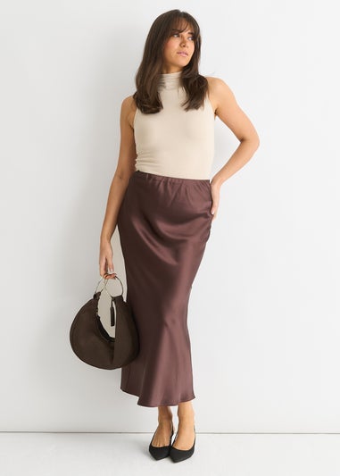 Gini London Chocolate Satin Midi Skirt