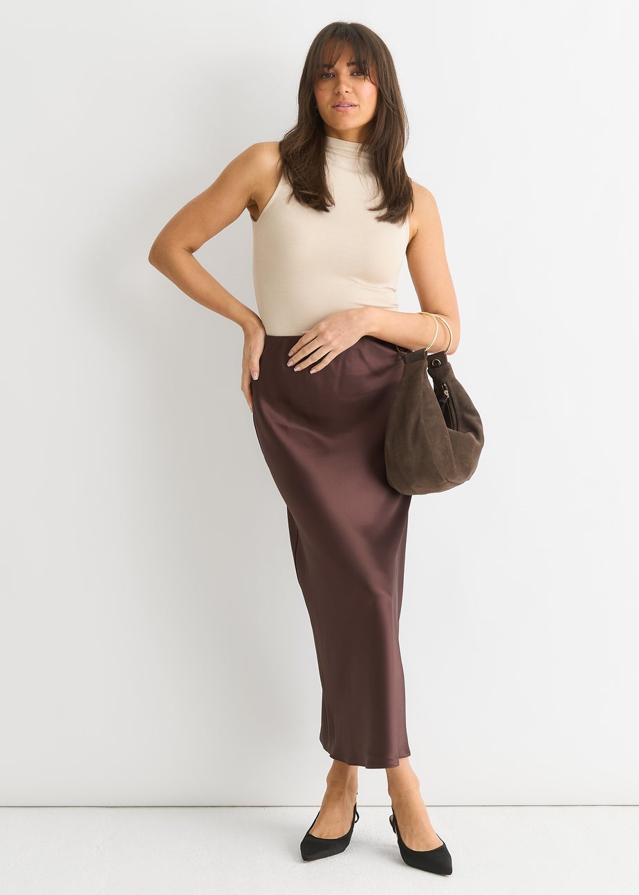 Gini London Chocolate Satin Midi Skirt