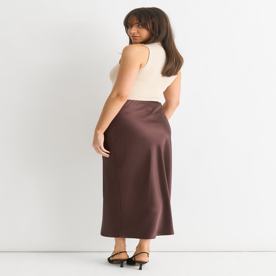 Gini London Chocolate Satin Midi Skirt