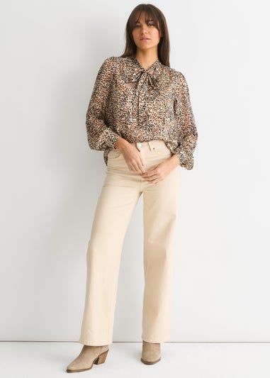 Gini London Brown Animal Print Long Sleeves Tie Neck Blouse