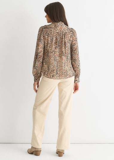 Gini London Brown Animal Print Long Sleeves Tie Neck Blouse