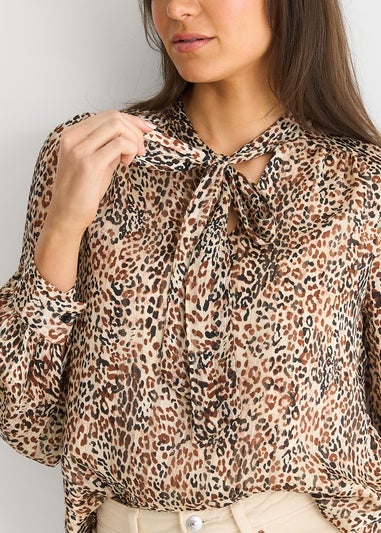 Gini London Brown Animal Print Long Sleeves Tie Neck Blouse
