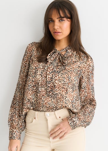 Gini London Brown Animal Print Long Sleeves Tie Neck Blouse