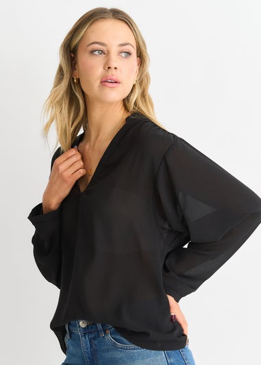 Gini London Black Textured Chiffon Oversized Blouse