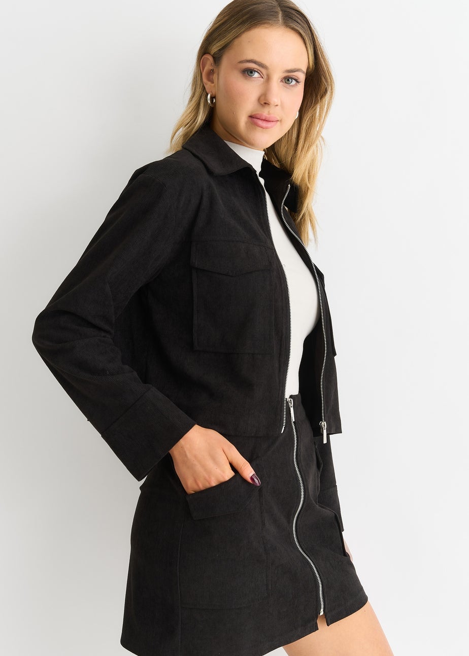 Gini London Black Cord Zip Up Boxy Jacket
