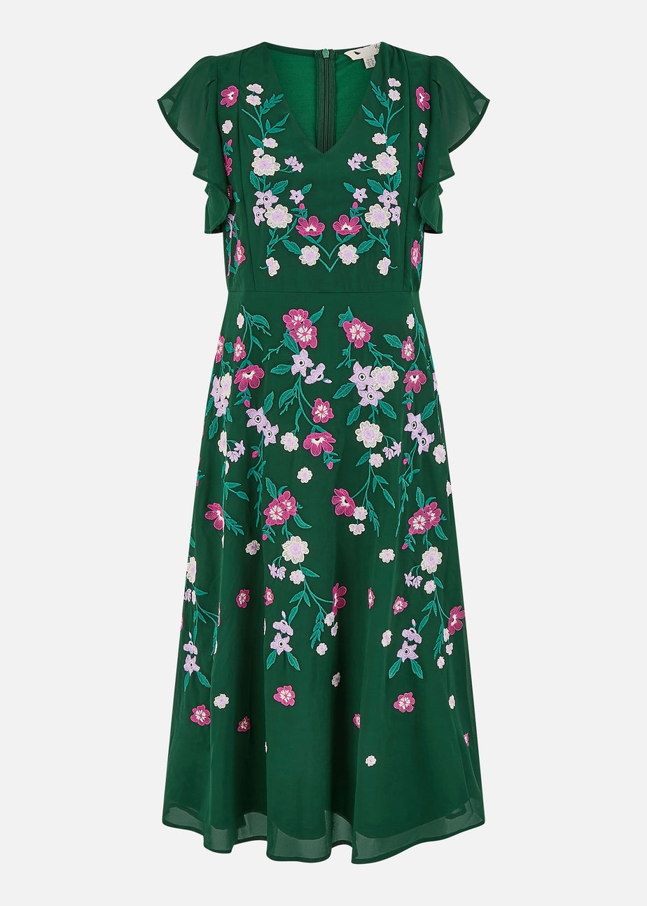 Yumi Green All Over Floral Embroidery Midi Skater Dress