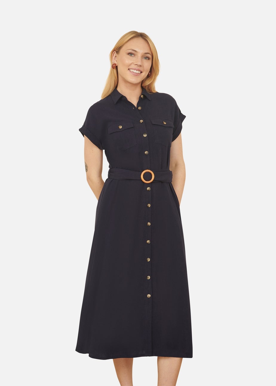 Yumi Navy Viscose Linen Look Midi Shirt Dress With Wooden Belt