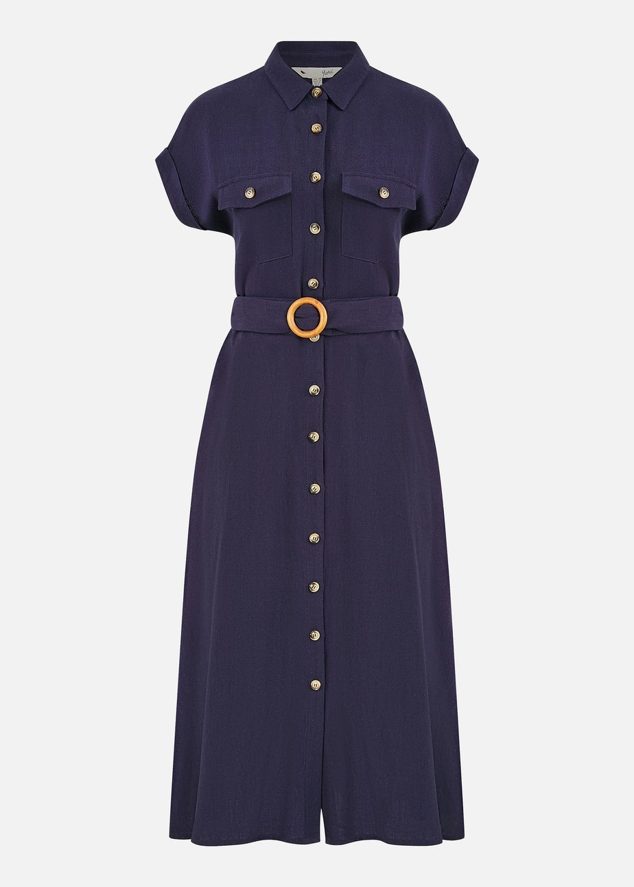 Yumi Navy Viscose Linen Look Midi Shirt Dress With Wooden Belt