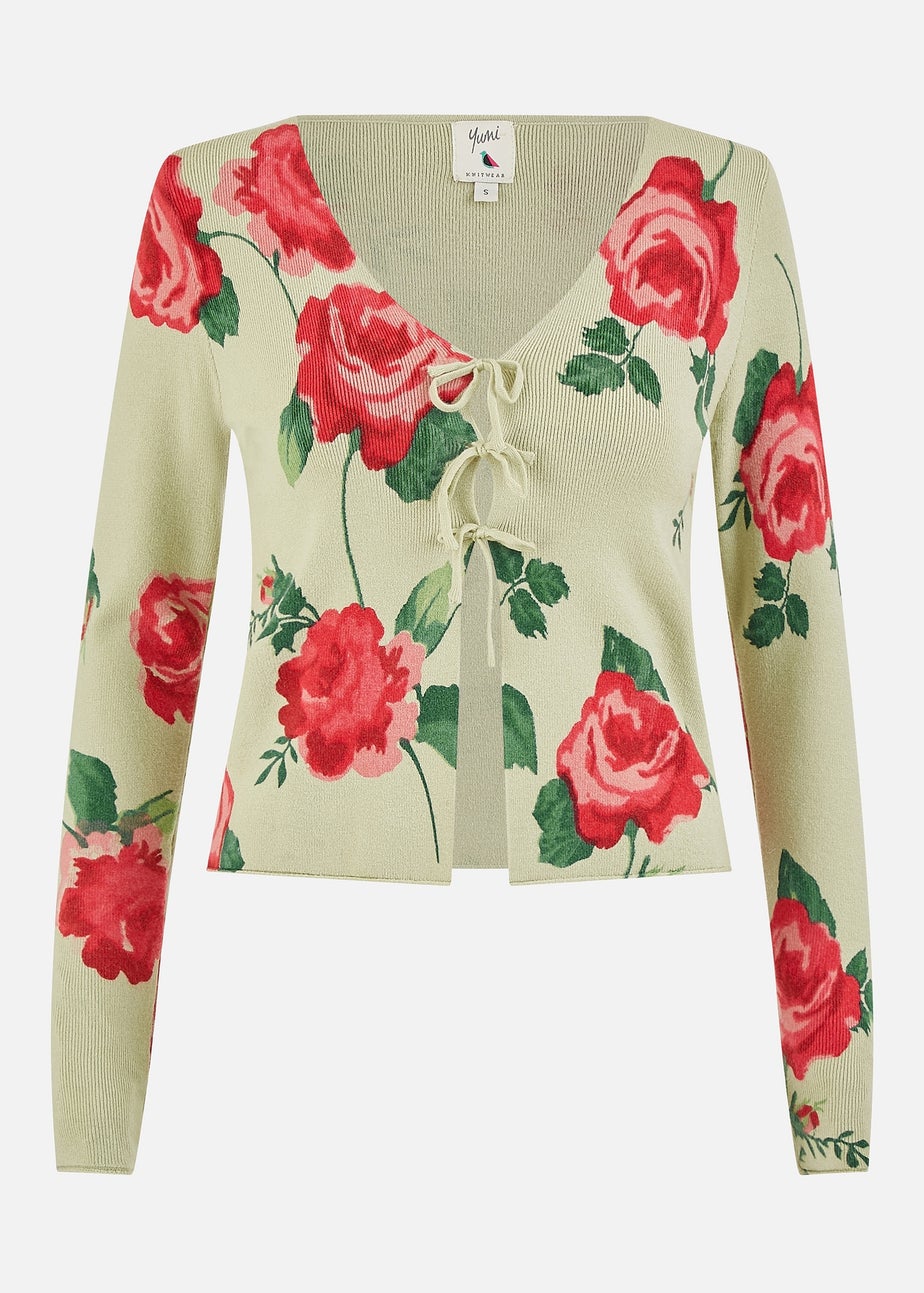 Yumi Green Rose Print Cardigan With Tie Front