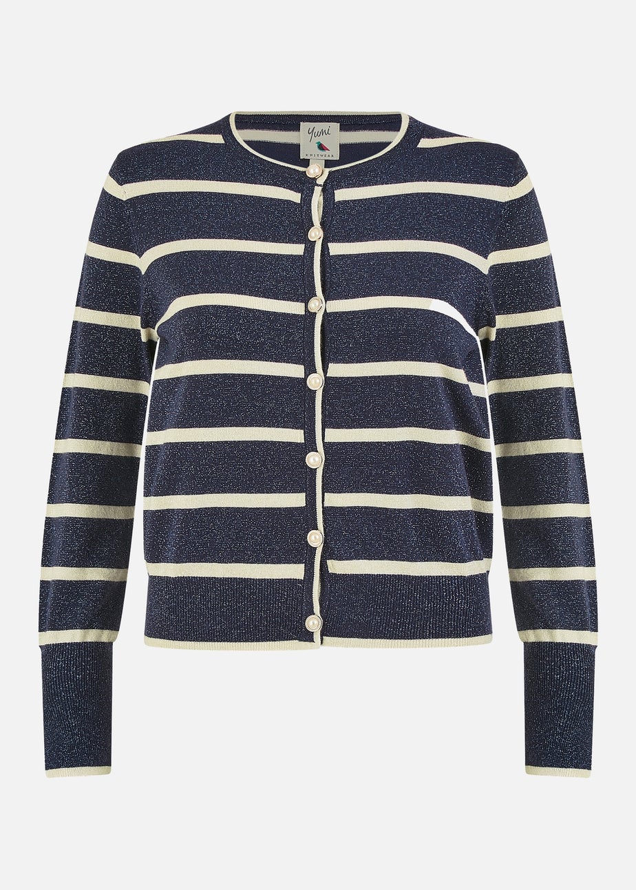 Yumi Navy Striped Sparkle Knitted Cardigan