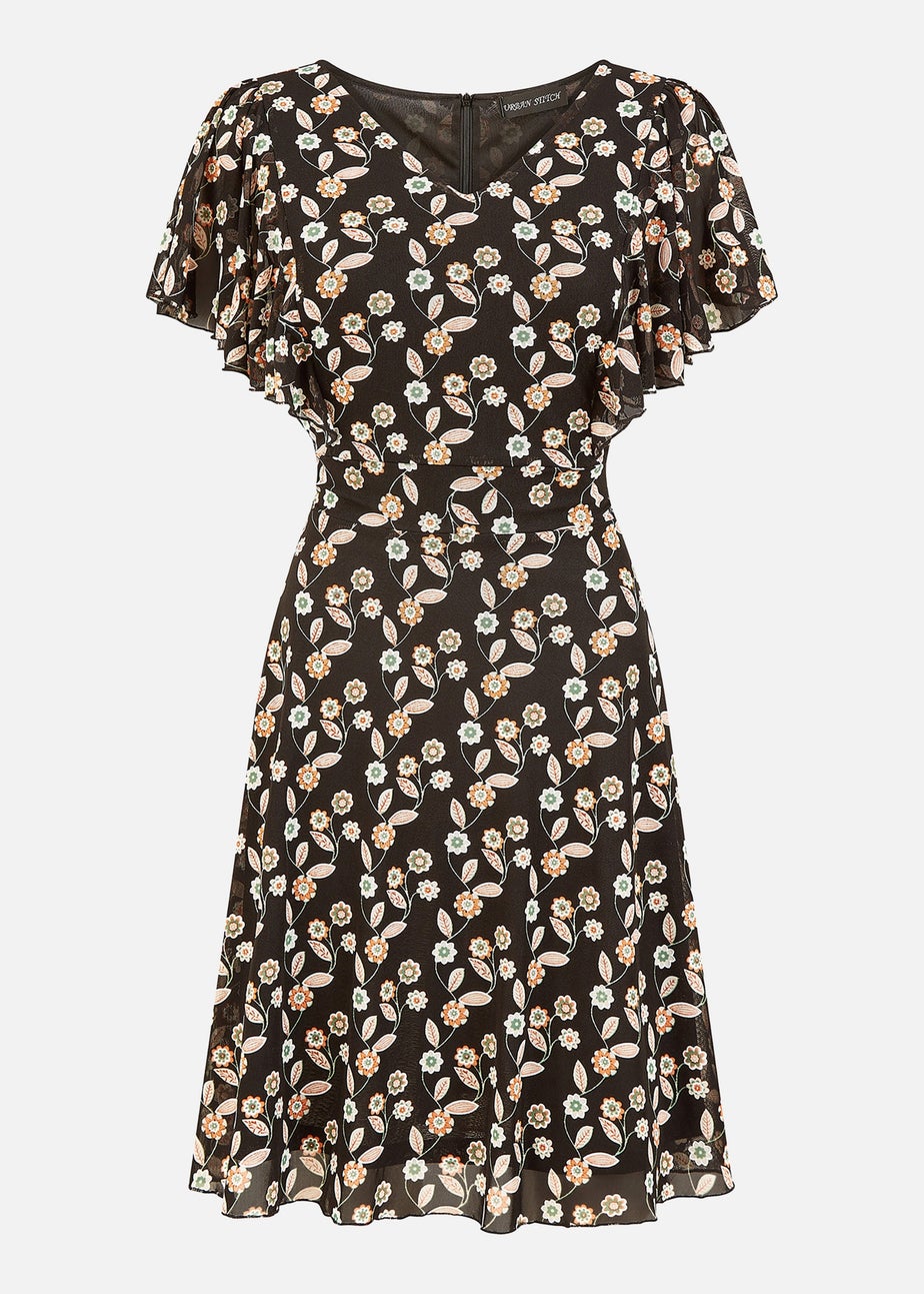 Yumi Black Leaf Print Mesh Stretch Skater Dress