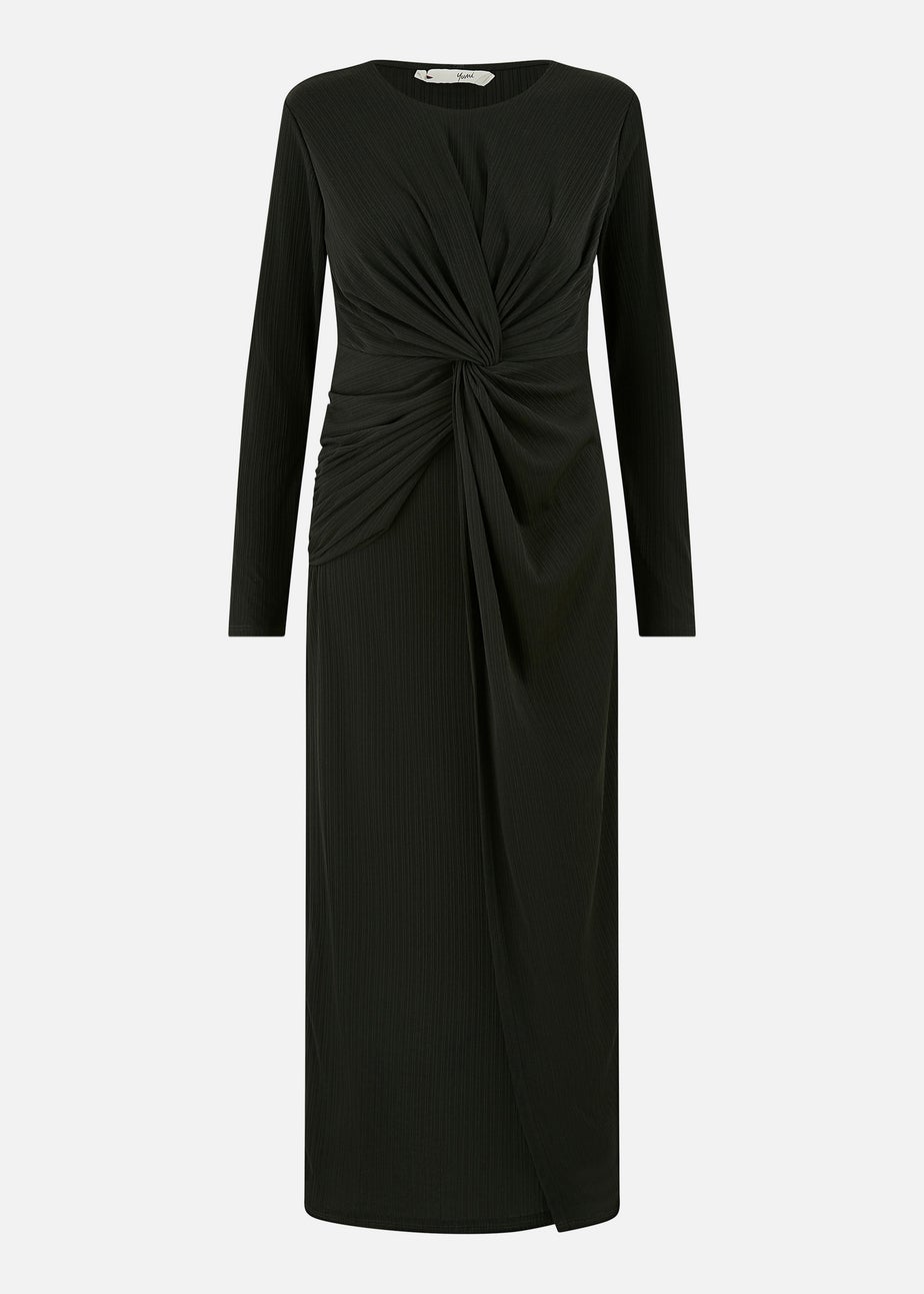 Yumi Black Midi Fitted Stretch Dress With Knot Detail