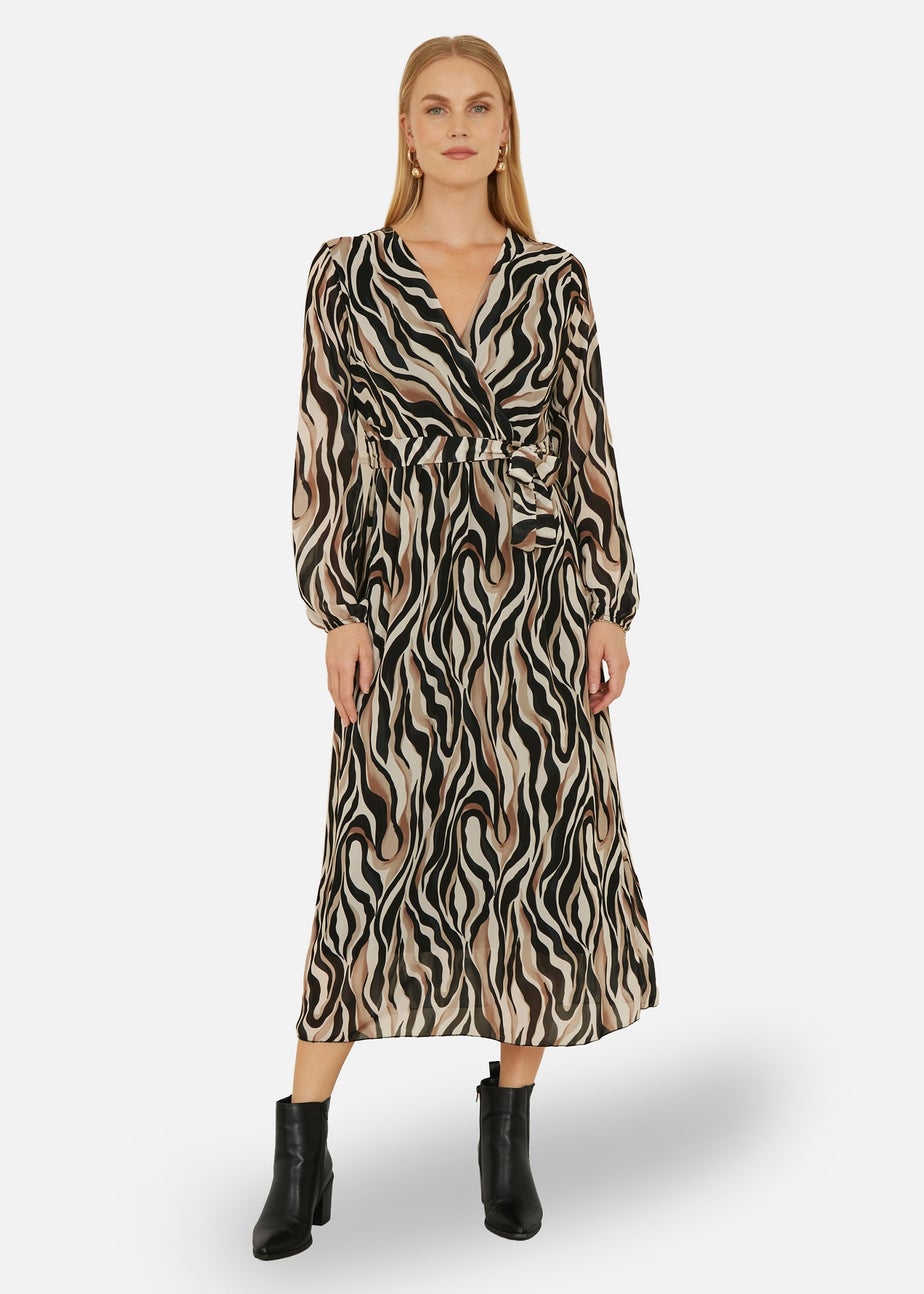 Yumi Brown Animal Swirl Midi Wrap Dress