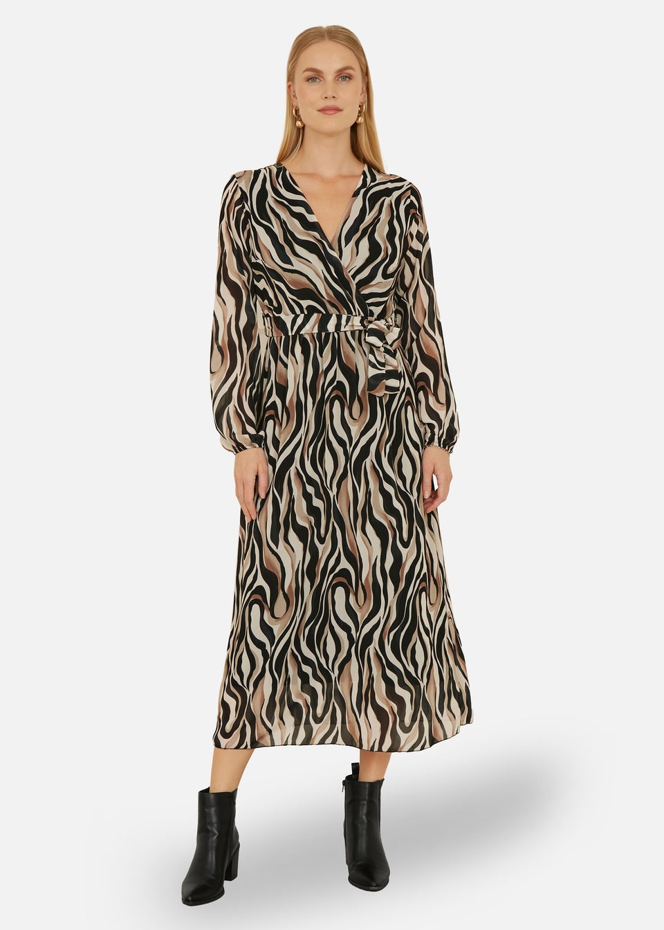 Yumi Brown Animal Swirl Midi Wrap Dress