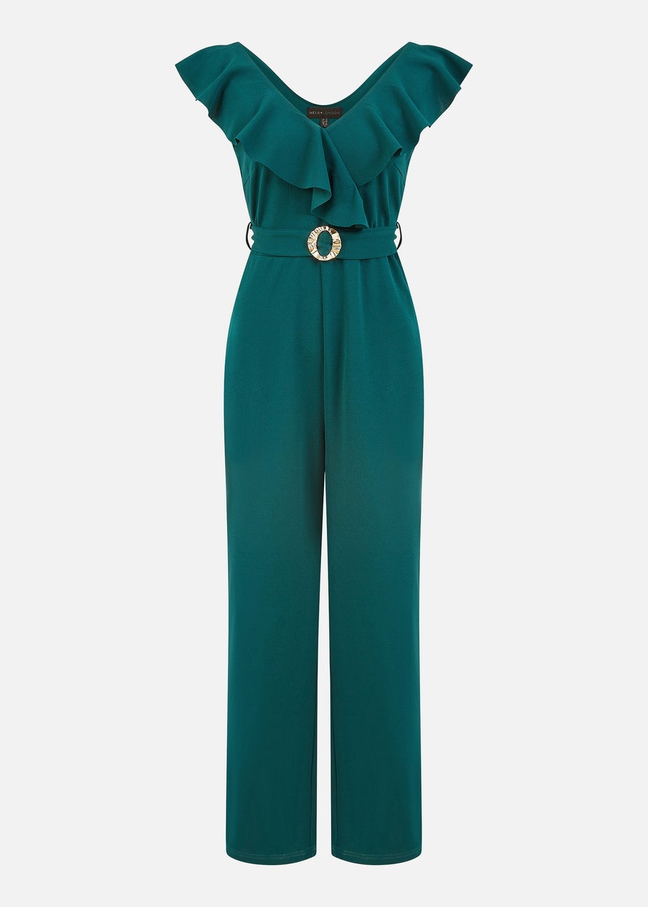 Yumi Green Jumpsuit With Gold Buckle & Frill Detail
