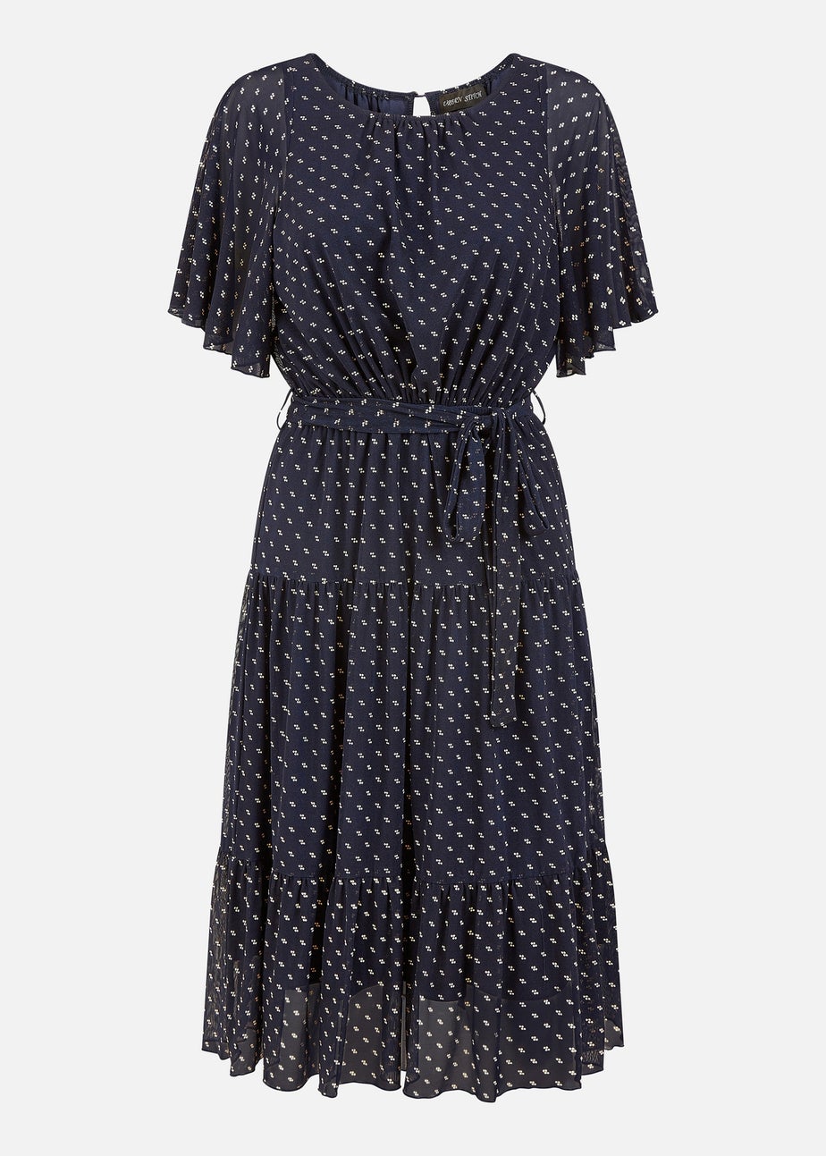 Yumi Navy Dot Print Mesh Stretch Midi Skater Dress