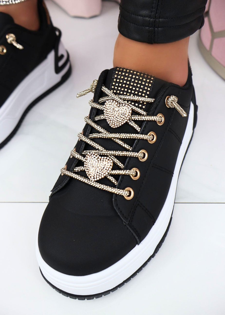 Love Lemonade Black Crystal Hearts Sparkly Lace Up Trainers