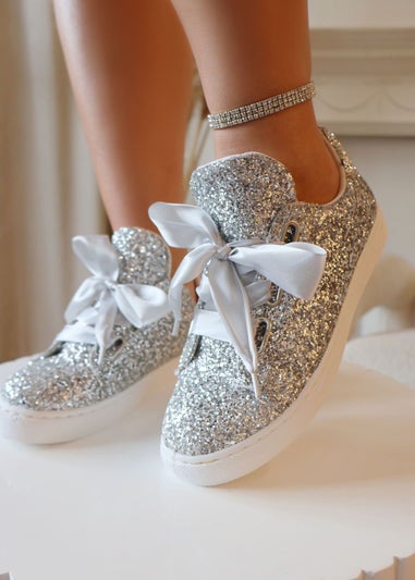 Love Lemonade Silver Sparkly Glitter Ribbon Lace Trainers