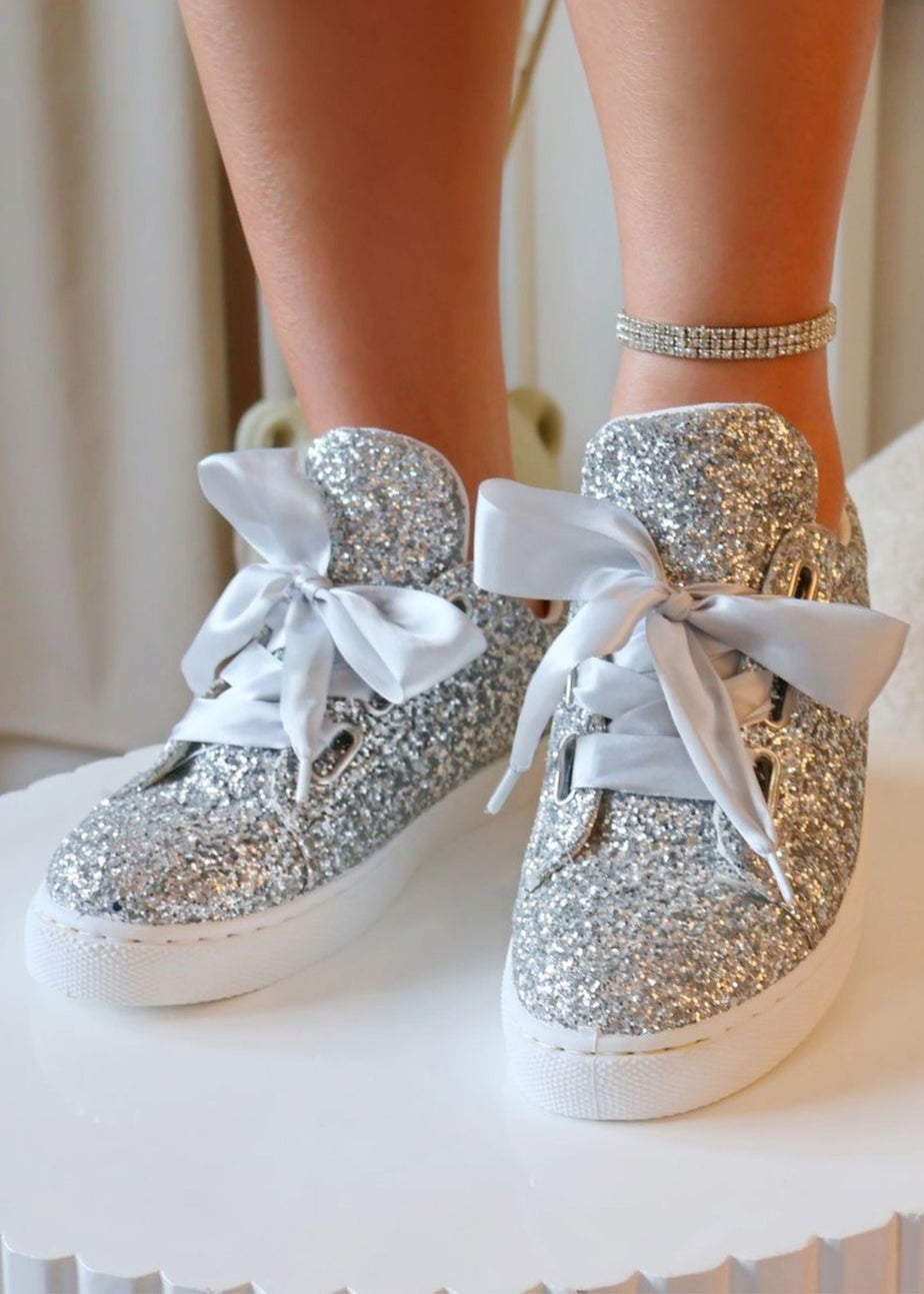 Love Lemonade Silver Sparkly Glitter Ribbon Lace Trainers