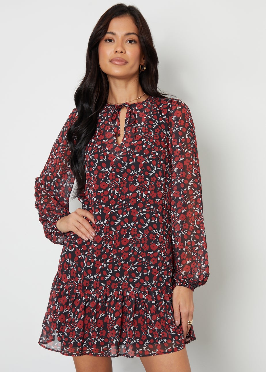 Threadbare Red Tie Front Ruffle Mini Dress