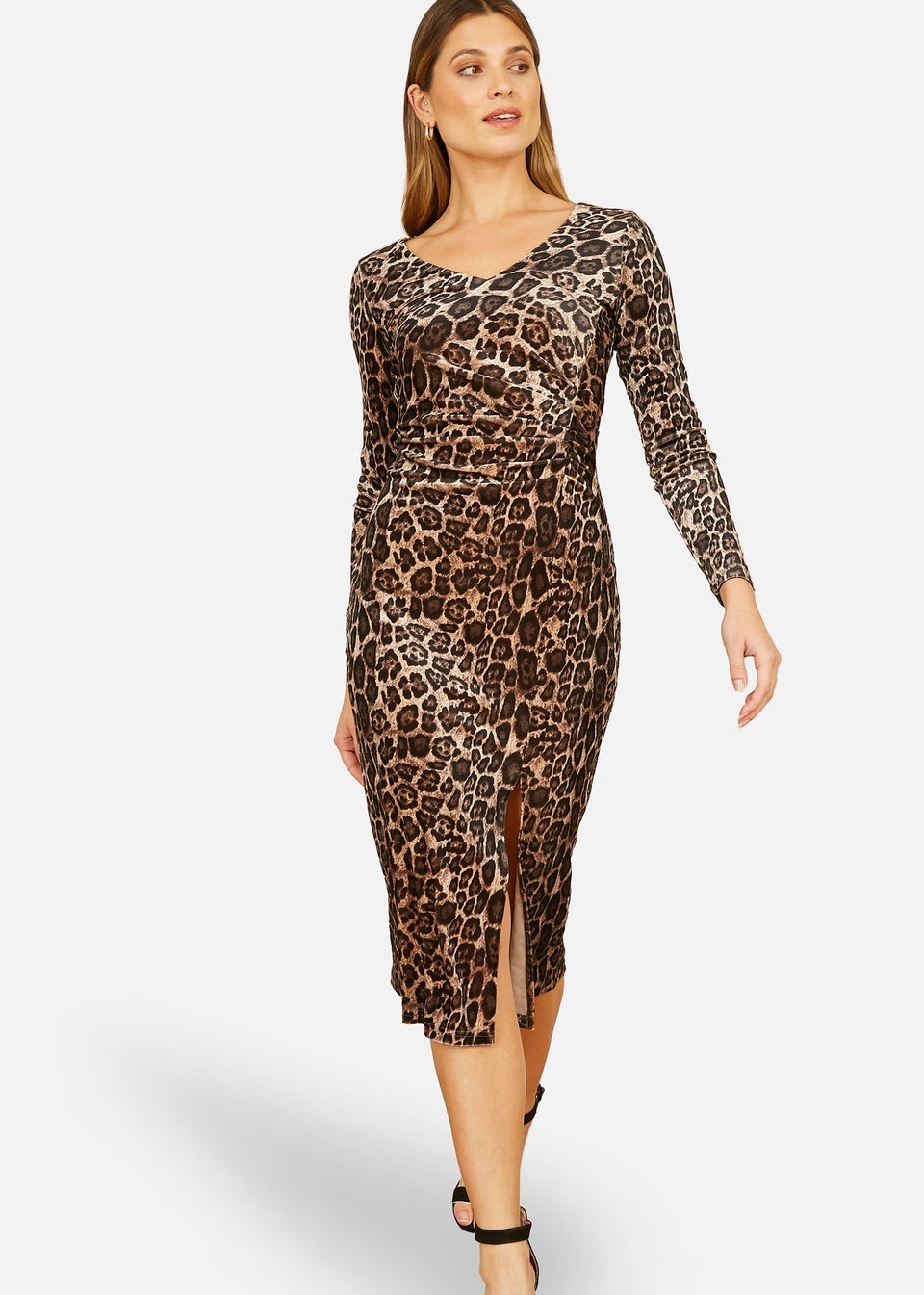 Yumi Brown Velvet Leopard Print Fitted Midi Dress