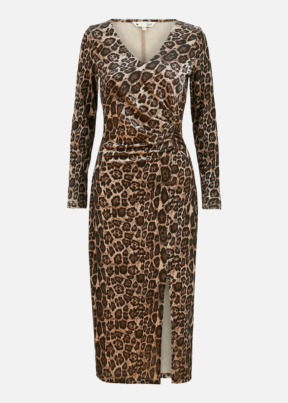 Yumi Brown Velvet Leopard Print Fitted Midi Dress