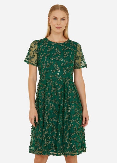 Yumi Green Embroidered Floral Skater Dress
