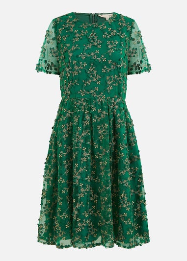Yumi Green Embroidered Floral Skater Dress