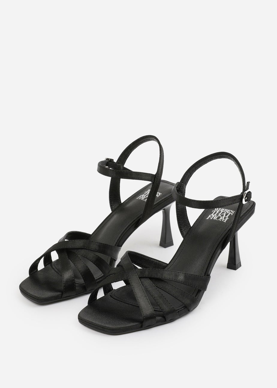 Where's That From Black Satin Torigh Cross-Over Multi-Strap Adjustable Buckle Heel