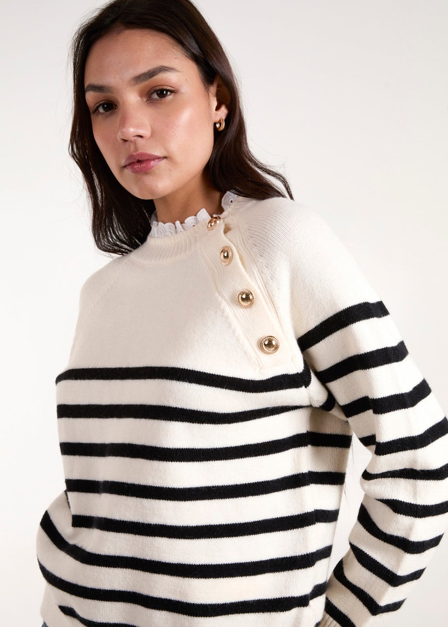 Blue Vanilla Stone Horizontal Stripes Shoulder Button Detailed Jumper
