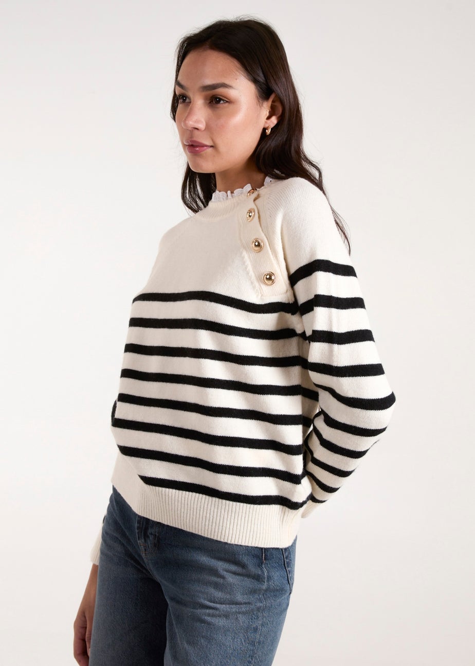 Blue Vanilla Stone Horizontal Stripes Shoulder Button Detailed Jumper