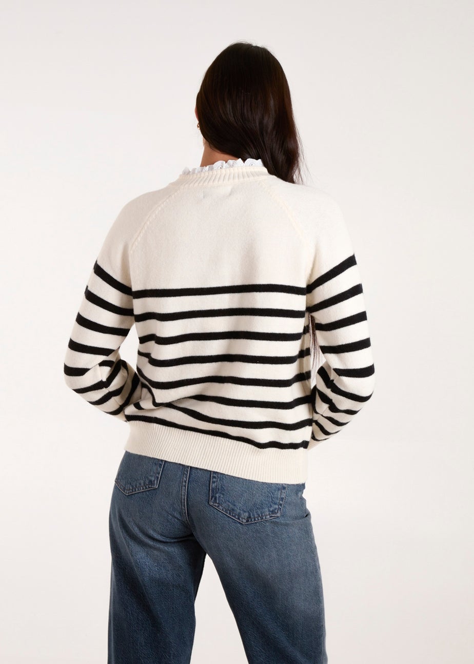 Blue Vanilla Stone Horizontal Stripes Shoulder Button Detailed Jumper