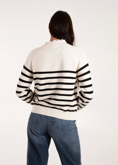 Blue Vanilla Stone Horizontal Stripes Shoulder Button Detailed Jumper