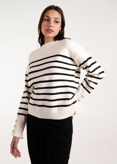 Blue Vanilla Stone Horizontal Stripes Bow Button Detailed Jumper