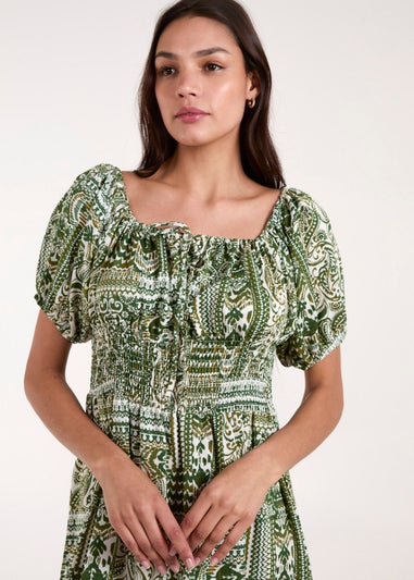 Blue Vanilla Green Scoop Neck Paisley Midi Dress