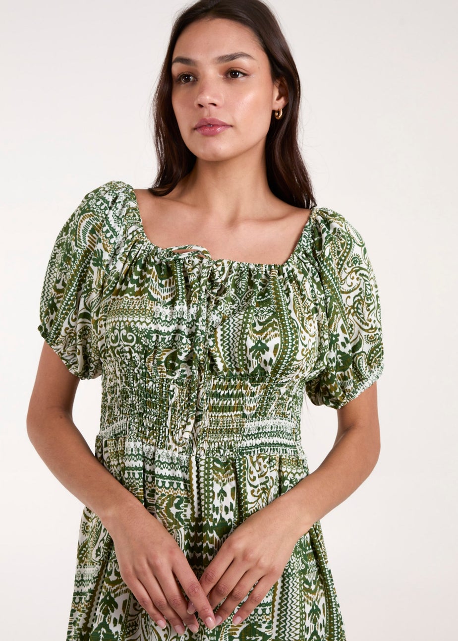 Blue Vanilla Green Scoop Neck Paisley Midi Dress