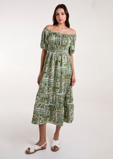 Blue Vanilla Green Scoop Neck Paisley Midi Dress