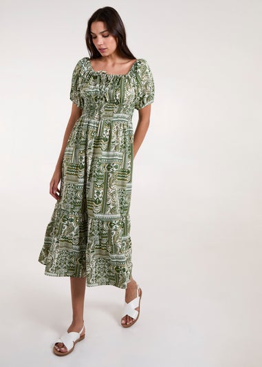 Blue Vanilla Green Scoop Neck Paisley Midi Dress