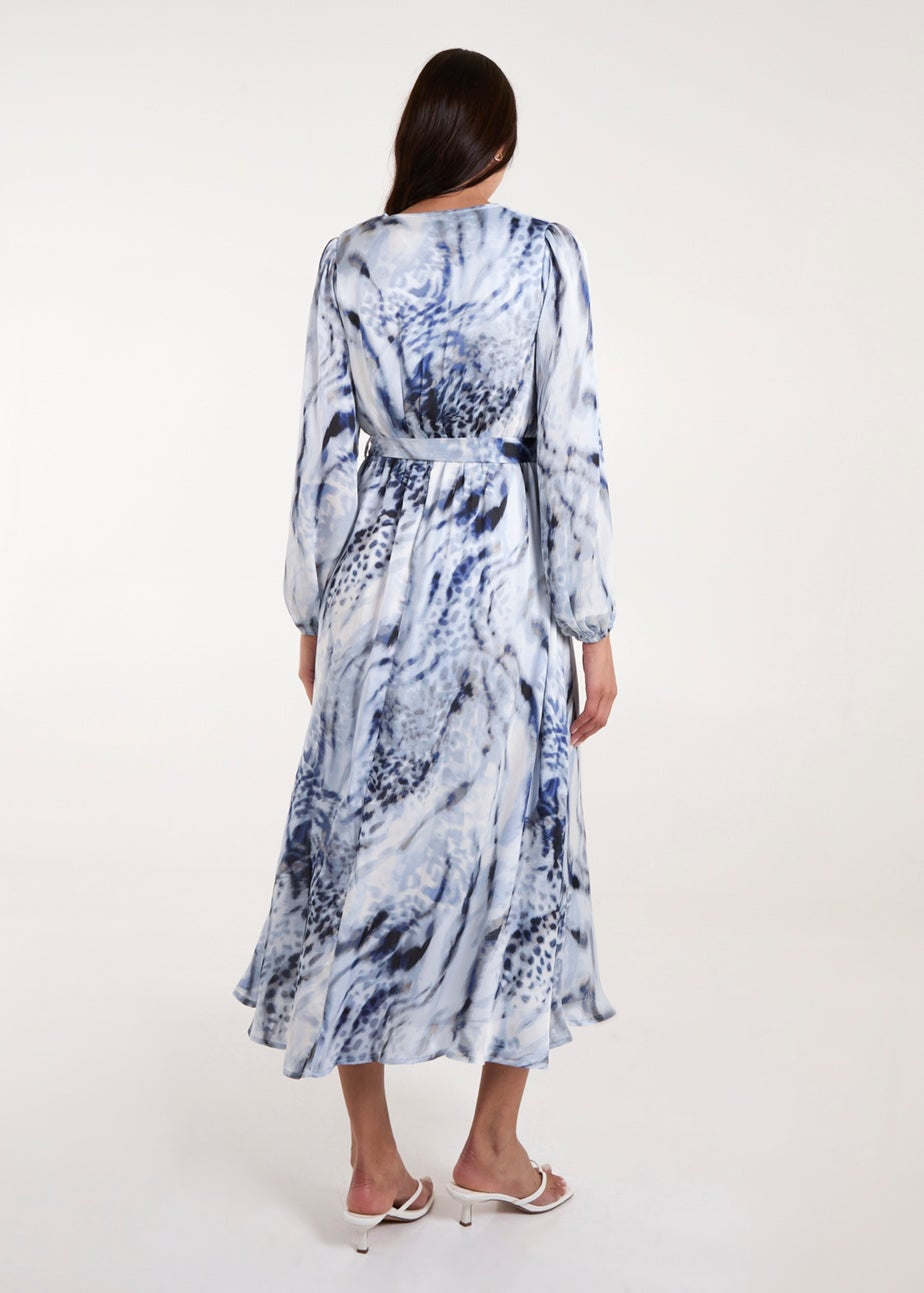 Blue Vanilla Blue Watercolour Wrap Front Belted Midi Dress