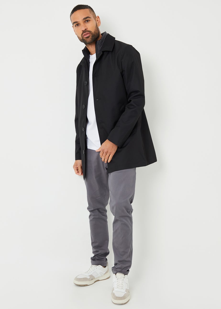 Threadbare Black Collared Mock Layer Mac Coat