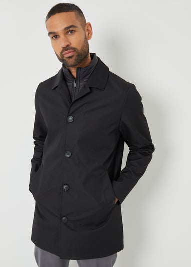 Threadbare Black Collared Mock Layer Mac Coat