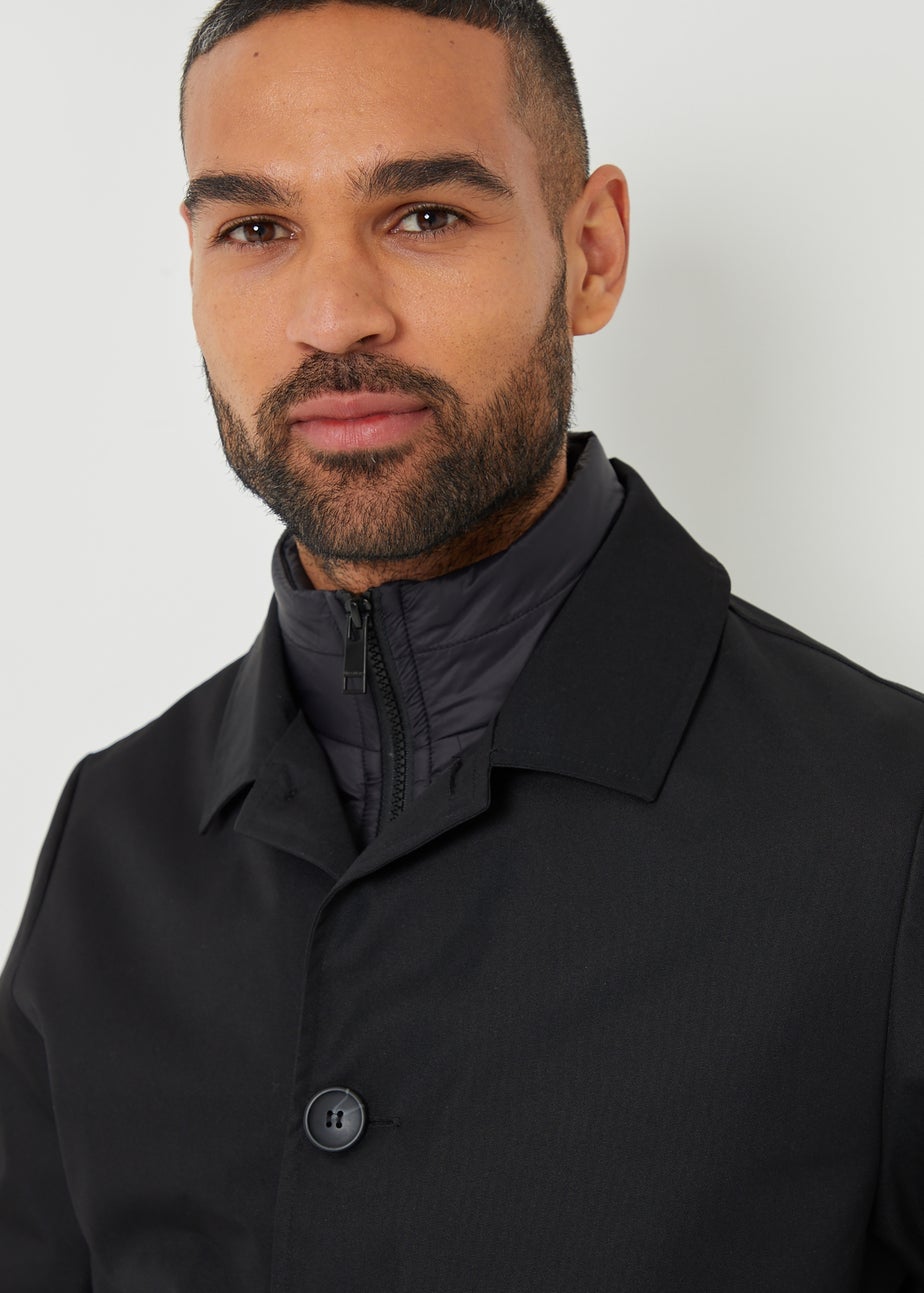 Threadbare Black Collared Mock Layer Mac Coat